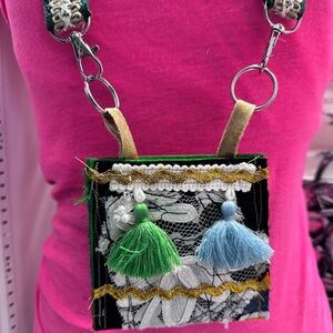 Hand Crafted Pink Multicolor Necklace Wallet Purse Bohemian Tassel Collage